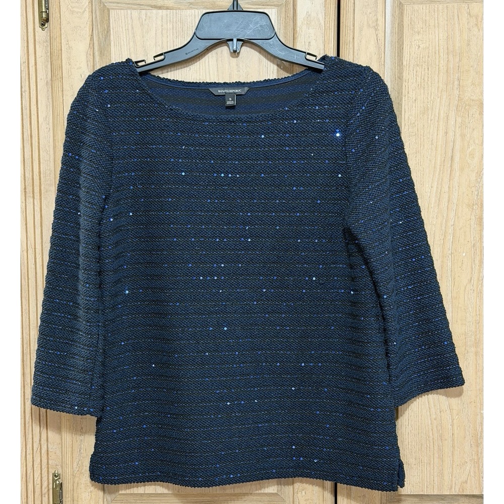 Banana Republic Blue Sequin Top Sweater Women's Size S Black‎ Striped 3/4 Sleeve
